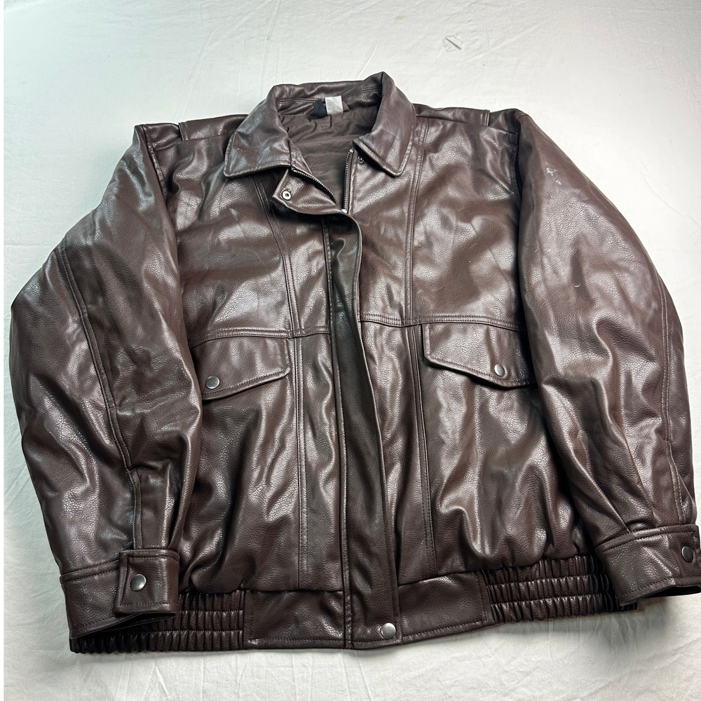 H&M Divided Mens Faux Leather Bomber Jacket Brown Large Aviator Full Zip B-7
